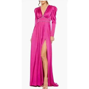 NEW Mac Duggal Magenta Crystal Satin Empire Waist Long Sleeve Gown Size 4